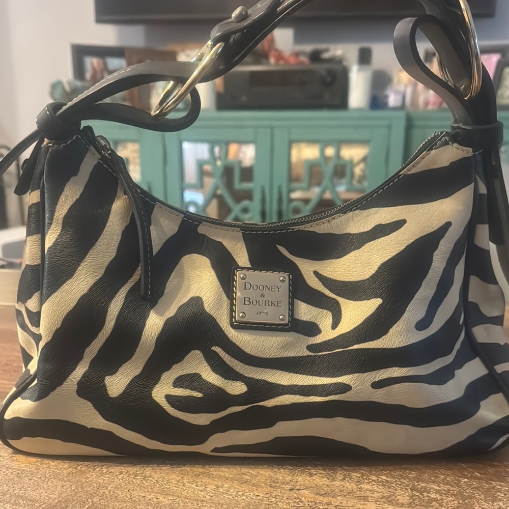 Dooney & Bourke Black and White Large Hobo Shoulder Bag with Zebra Print
